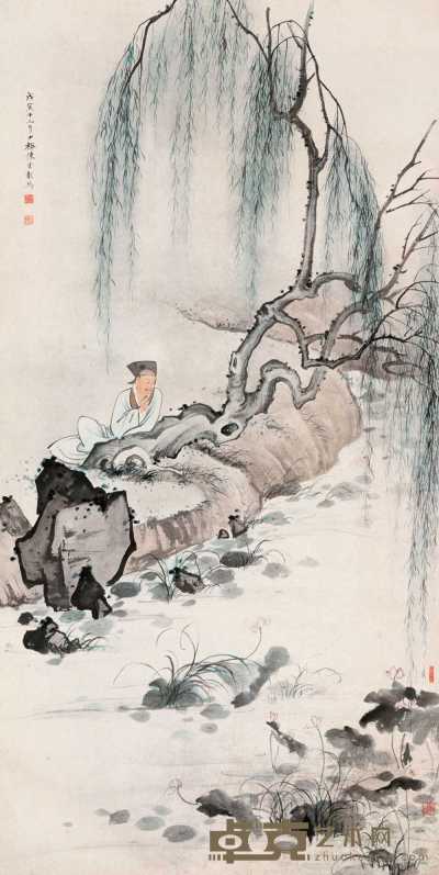 陈少梅 戊寅（1938年）作 倚柳赏荷 立轴 129×65cm